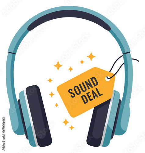 Headphones with Sound Deal Tag Illustration for Music Audio Promotion