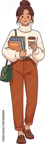 Woman in casual autumn outfit holding books and coffee cup walking vector illustration 
