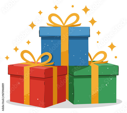 Stack of festive colorful gift boxes with ribbons and sparkles