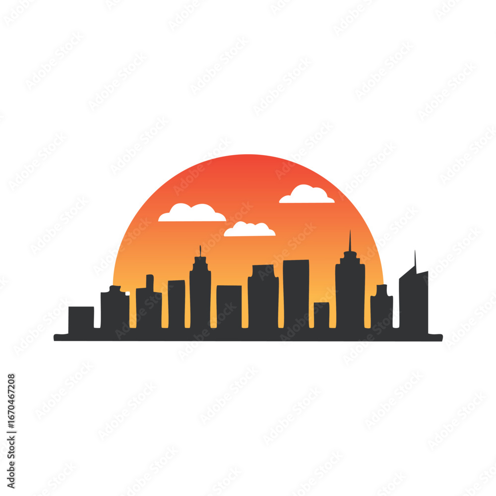 Fototapeta premium Cityscape silhouette at sunset with clouds orange