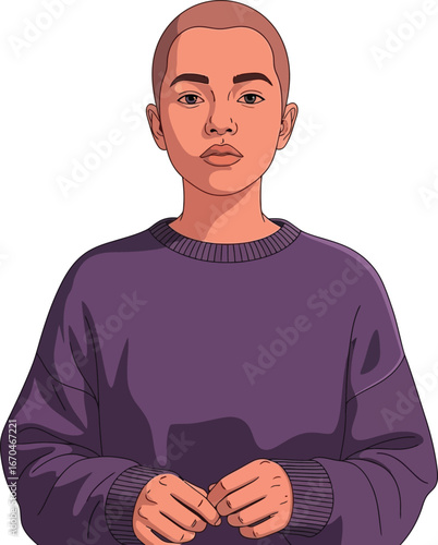 Person with shaved head wearing purple sweater in portrait style digital vector illustration 
