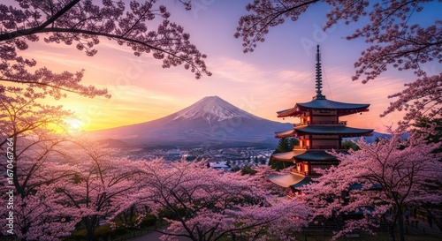 Vibrant Pink Sakura Framing Majestic Mount Fuji and Chureito Pagoda at Dawn