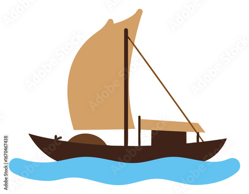 Traditional Vietnamese Boat Icon on Water Flat Vector Illustration