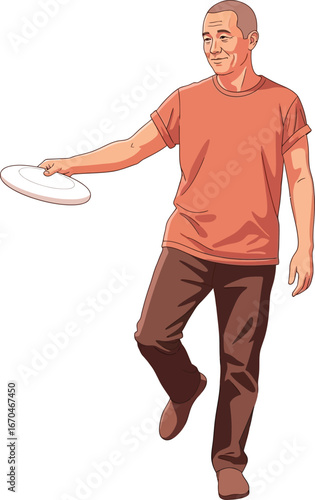 Man playing frisbee outdoors active lifestyle casual clothing throwing disc sport game leisure activity 