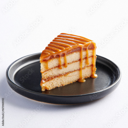 Caramel Drizzle Layer Cake Slice on Black Plate