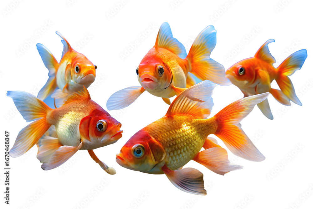 Fototapeta premium Four oranda goldfish swimming together isolated on white background