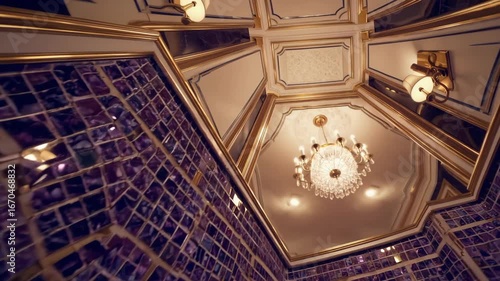 AI-generated of opulent purple tiled walls, golden trims, and crystal chandeliers in a classic space