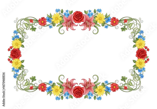 Oval floral frame with pink lilies, red roses, yellow daisies, and blue flowers, isolated on transparent background