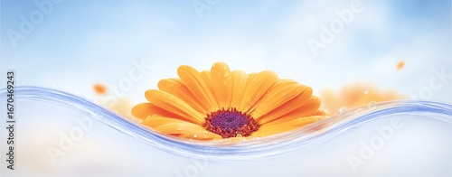 A vibrant orange flower floating on water.