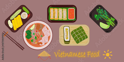  Vector illustration set of Vietnamese food, spring rolls (Gội cuốn), Vietnamese Pho. (Bánh Xèo), Vietnamese meatballs, which are unique.