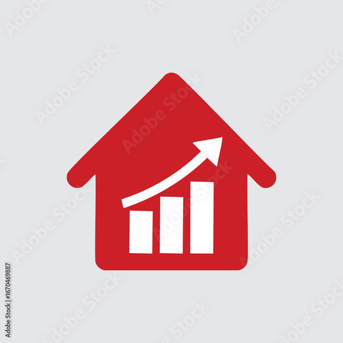Red house icon with white upward trending graph and arrow home real estate