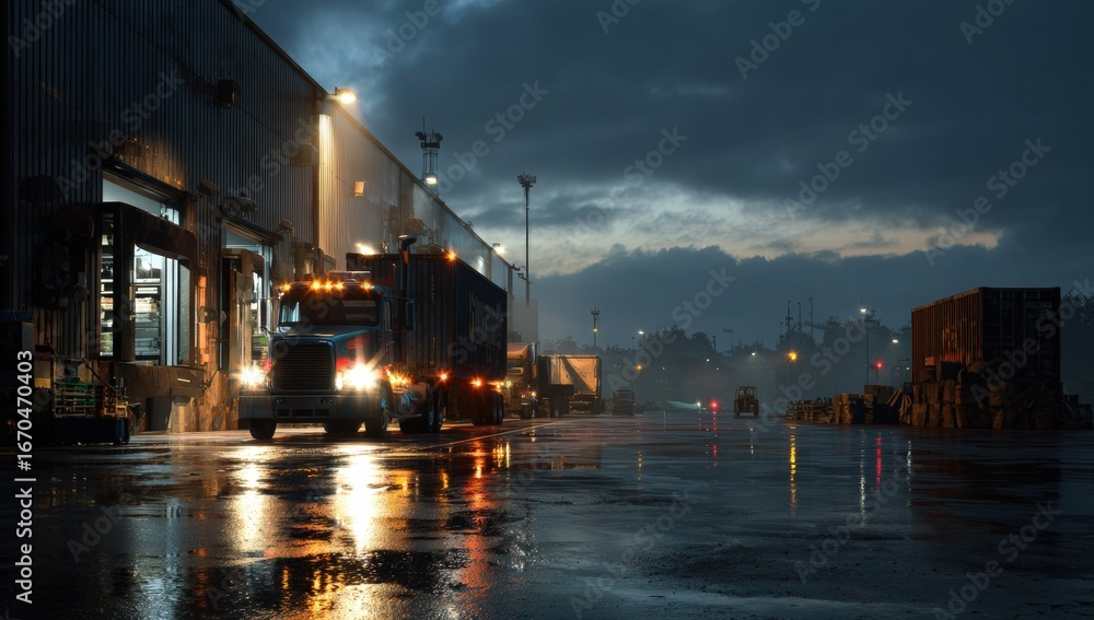 Obraz premium Industrial loading dock at night, rain