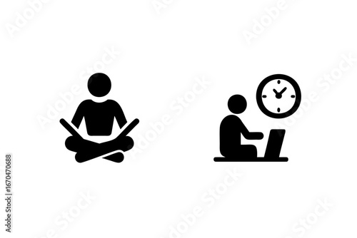 Icons person meditating person working laptop with clock yoga sitting