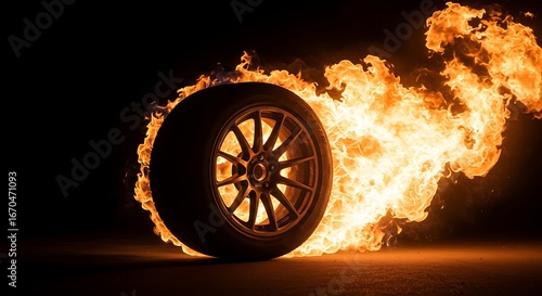 Automotive extravagance wheel enveloped in blazing inferno against a dark canvas