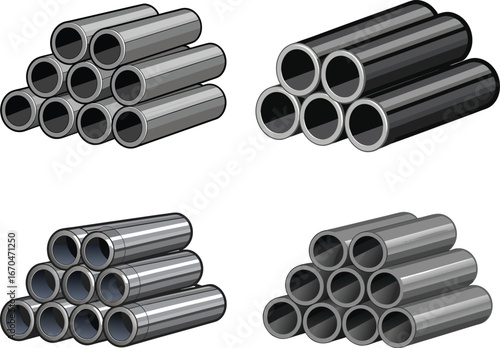 Four Stacks of Metal Pipes or Cylindrical Rods in Varying Colors.