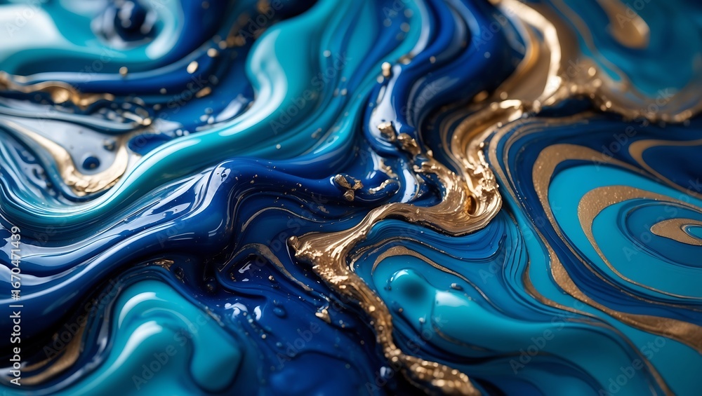 Obraz premium Abstract swirling patterns of deep blue turquoise and shimmering gold liquid art