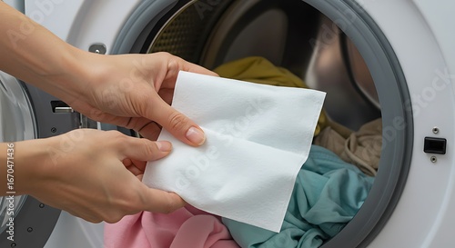 Adding a dryer sheet to the washing machine.