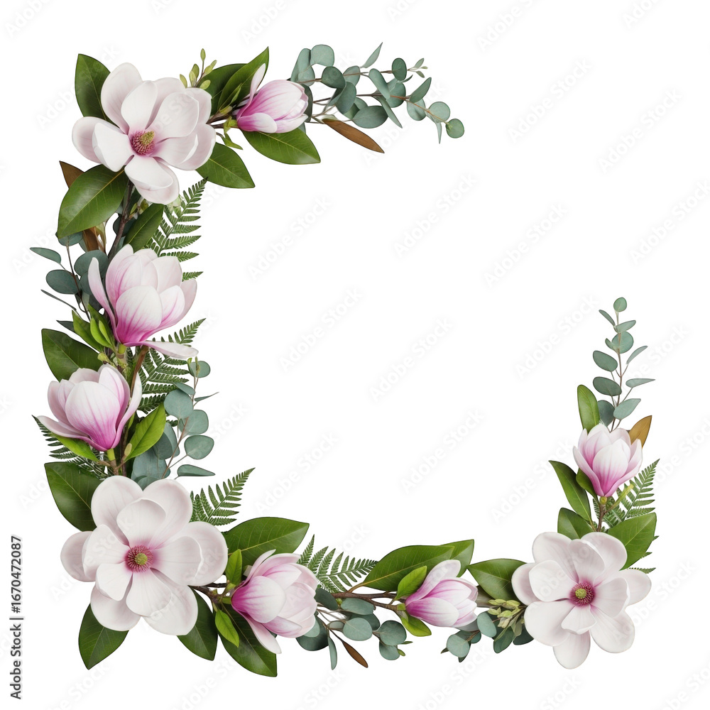 Naklejka premium Magnolia flower and eucalyptus leaf corner frame isolated on transparent background