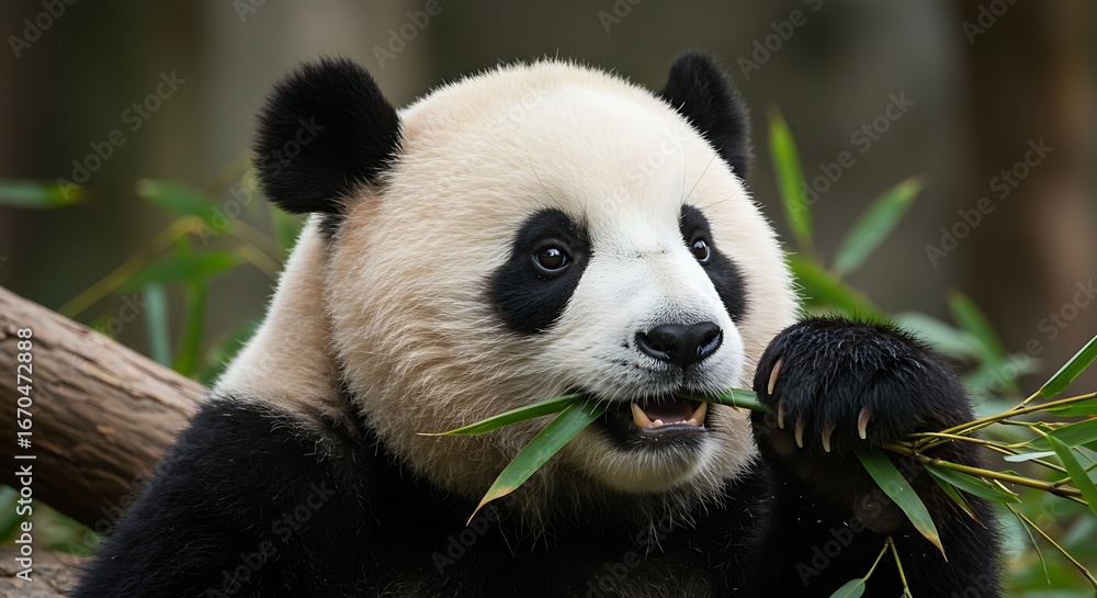 Obraz premium Giant panda enjoying a meal of bamboo in its natural habitat, close-up shot