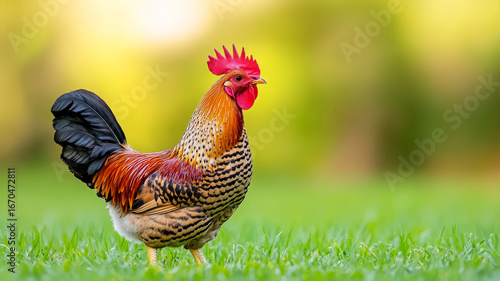 Colorful rooster standing on green grass with blurred background, vibrant and alert expression