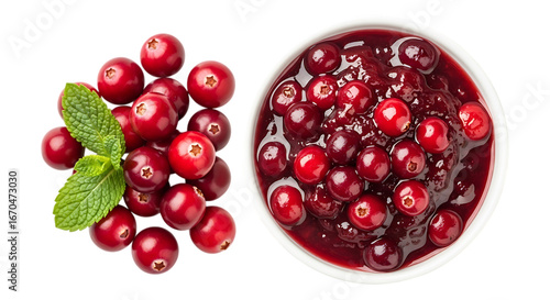 Fresh cranberries and cranberry sauce in a bowl isolated on transparent background