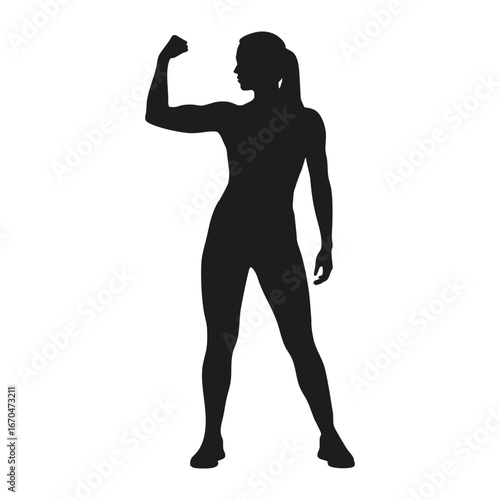 Silhouette of strong woman flexing biceps showing her power