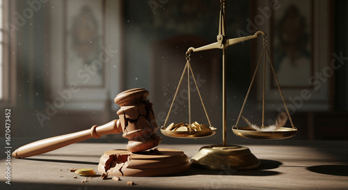 Realistic symbolic justice scene showing broken gavel and tilted balance scale, symbolizing corruption.