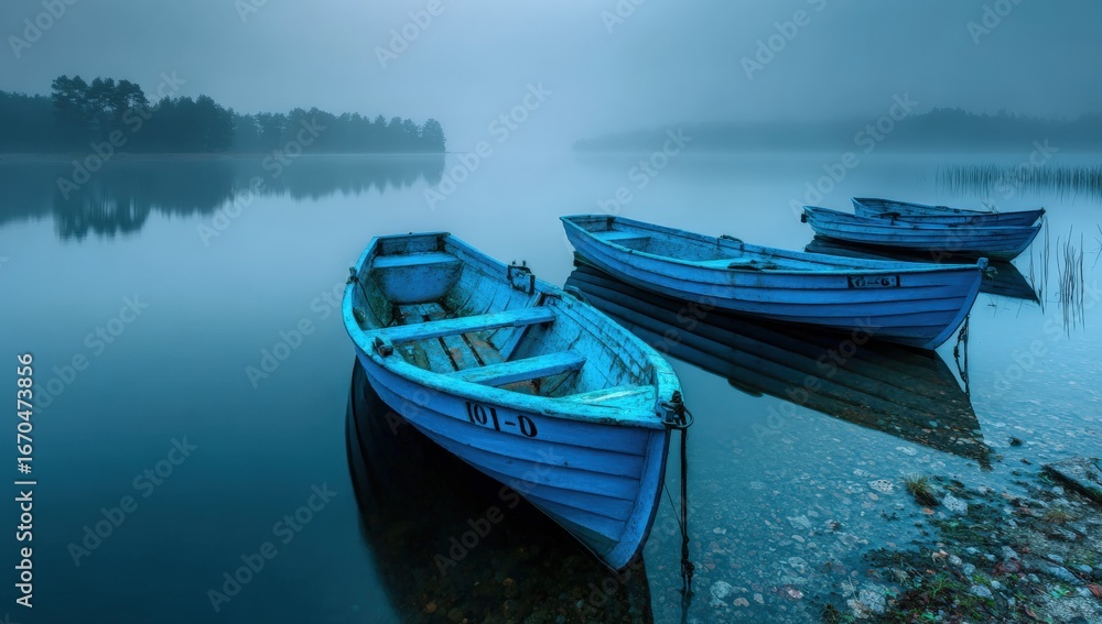 Naklejka premium Misty morning on a tranquil lake with three blue boats