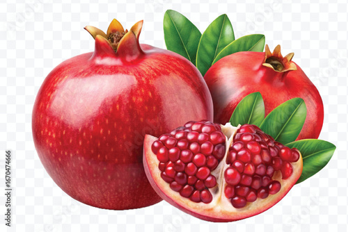 fresh pomegranate with slice and  leaves in different style isolated on transparent background