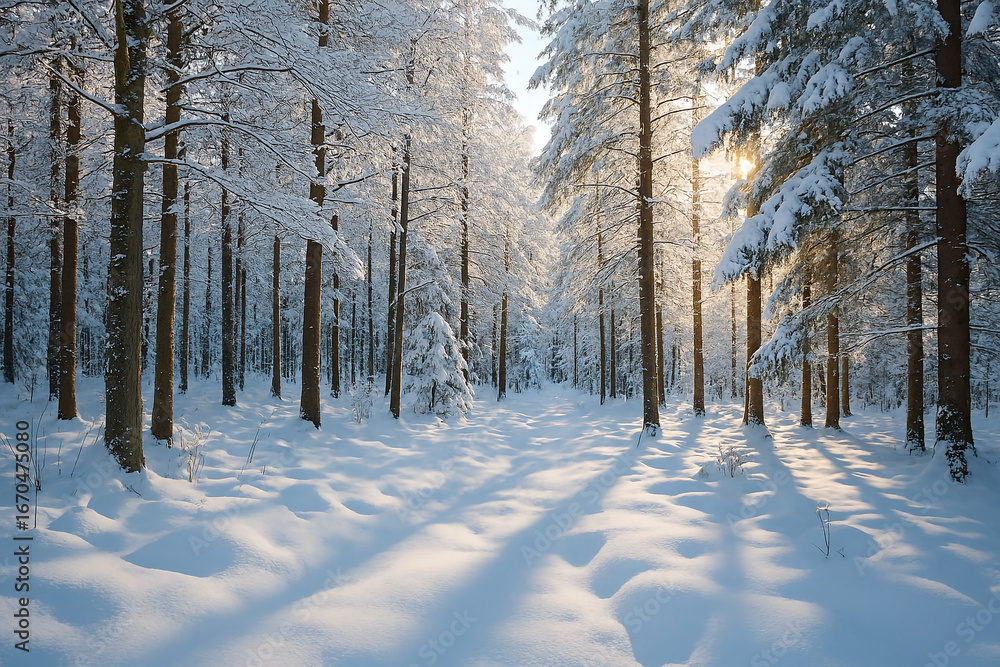 Fototapeta premium Sunlight streams through snow covered pine trees in a serene winter forest landscape