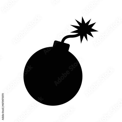 Bomb icon symbol representing explosive, danger, hazard, warning, risk, alert, threat, detonation, destruction, military concept, gaming element, and cartoon explosive design