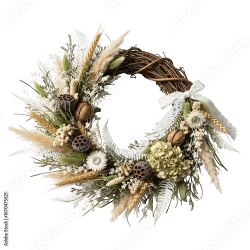 Rustic dried floral wreath with natural elements and a white ribbon bow isolated on transparent background