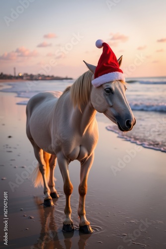 A horse wearing a red Christmas hat stands on the wet sand near the sea, staring into the horizon. The sky is filled with soft pastel sunset colors and gentle waves