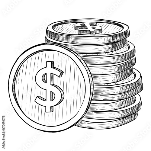 Dollar coins vector line art hand drawn illustration