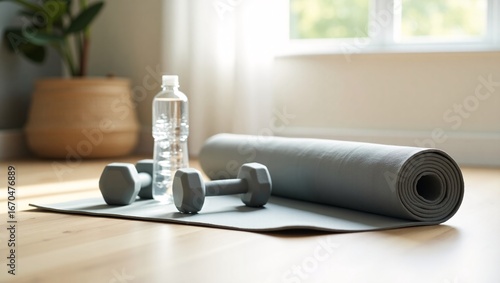 Rolled yoga mat, two dumbbells, and a water bottle on a mat, with a potted plant and window in the background.