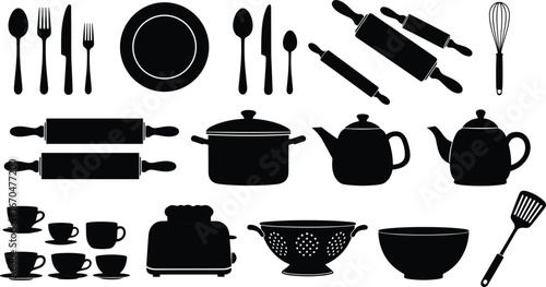 Kitchen utensil silhouette set, cutlery, rolling pins, teapots, cookware, toaster, colander, black vector icons, CAD drawing flat vector illustration