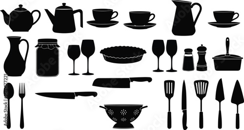Kitchen utensil silhouette set, teapots, cups, knives, spatulas, wine glasses, cookware, black vector icons, CAD drawing flat vector illustration