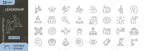 Leadership icons set. Includes icons for leader, vision, guidance, teamwork, motivation, and decision-making. Editable stroke. Line icons. Perfect for infographics.
