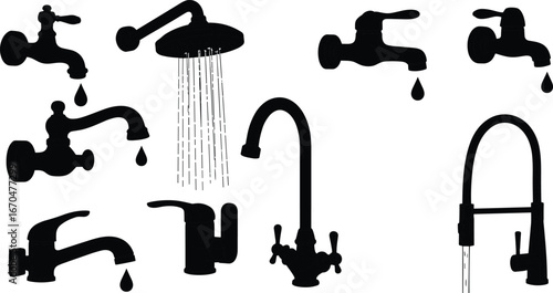 Water fixture silhouette set, faucet, showerhead, dripping tap, plumbing icons, black vector style, CAD drawing flat vector illustration