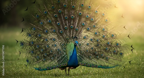 Majestic Peacock Displaying Feathers in a Lush Green Field