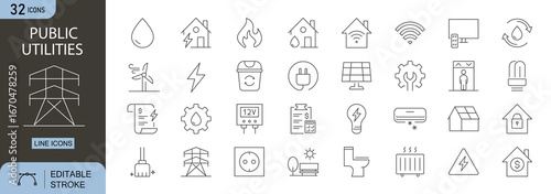 Public Utilities icons set. Includes icons for water, electricity, gas, sewer, and waste systems. Editable stroke. Line icons. Perfect for infographics, infrastructure, and urban services.