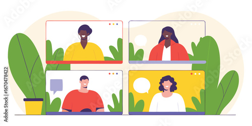 “Remote Business Team Video Conference Flat Illustration”