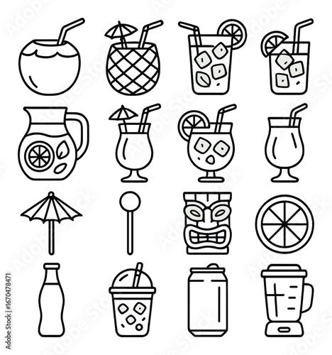 Tropical drink icons featuring various refreshing beverages and cocktail elements