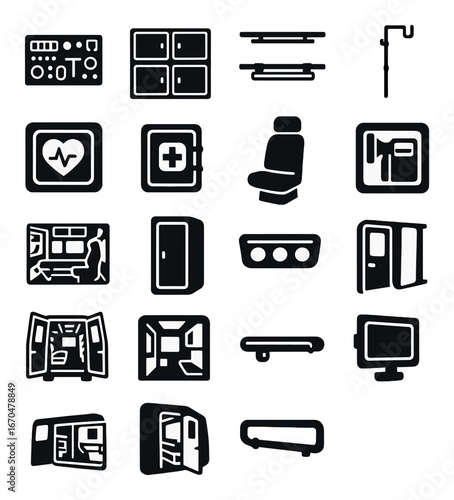 Futuristic interface icons for medical and transportation systems