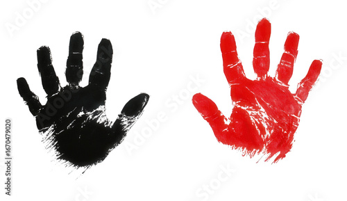 Two handprints, one black and one red, isolated on transparent background