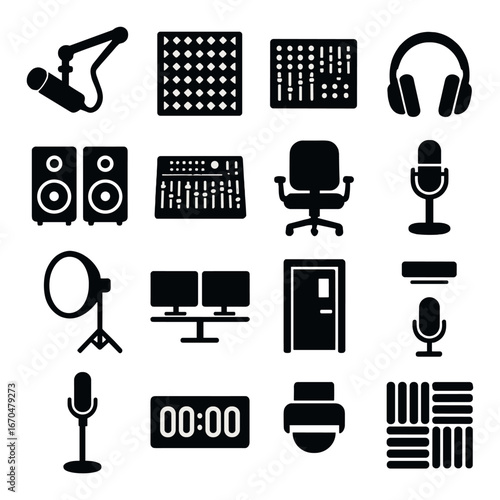 Audio recording studio icons: microphones, mixers, headphones, speakers, sound panels