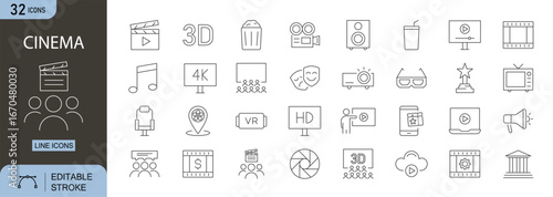 Cinema icons set. Includes icons for film, clapperboard, ticket, popcorn, seat, and screen. Editable stroke. Line icons. Perfect for infographics.