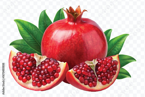 fresh pomegranate with slice and  leaves in different style isolated on transparent background