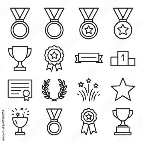 Outline icons: medals, trophies, awards, and certificates collection