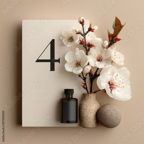 Elegant display of floral arrangement with decorative elements and number four on a neutral background